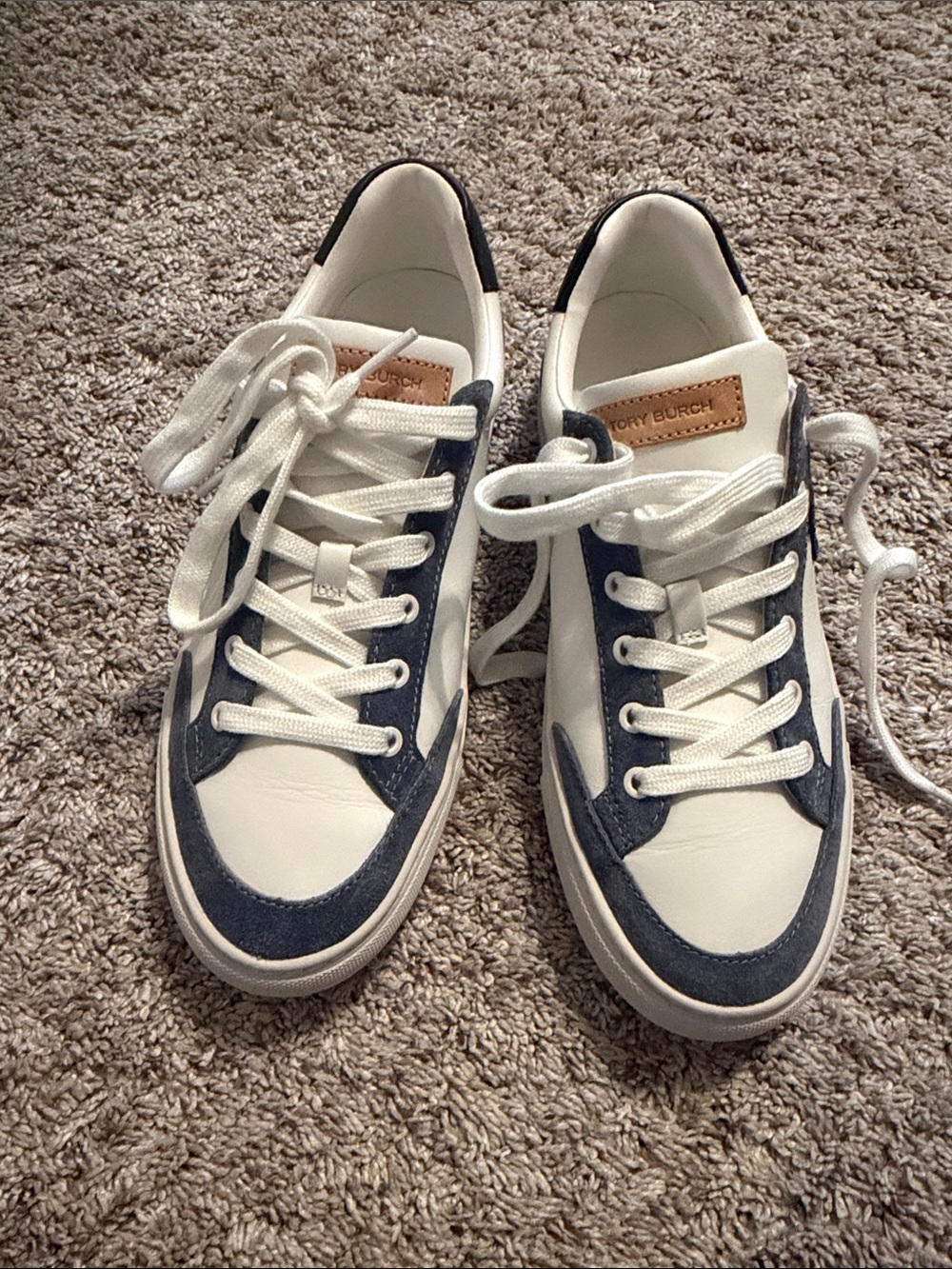 Tory Burch White and Navy Leather Low-Top Sneakers